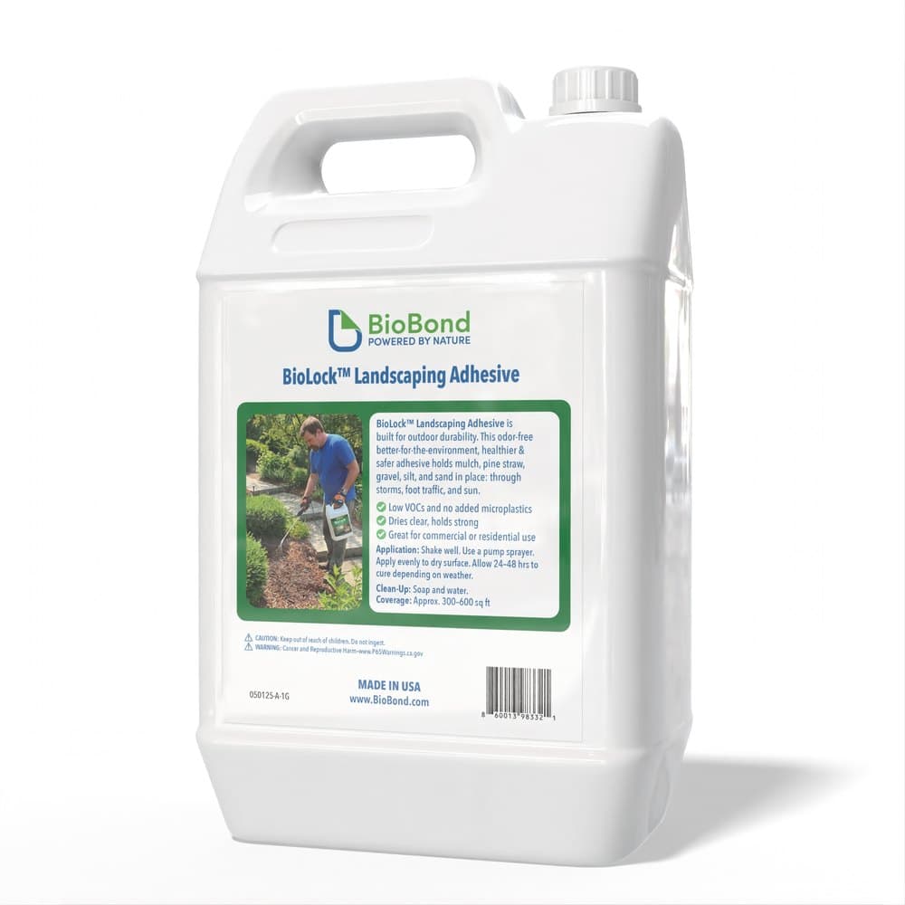 Back landscaping-adhesive label on a one-gallon container, with product description, application instructions, safety warnings, coverage information, barcode, and supporting application photography.
