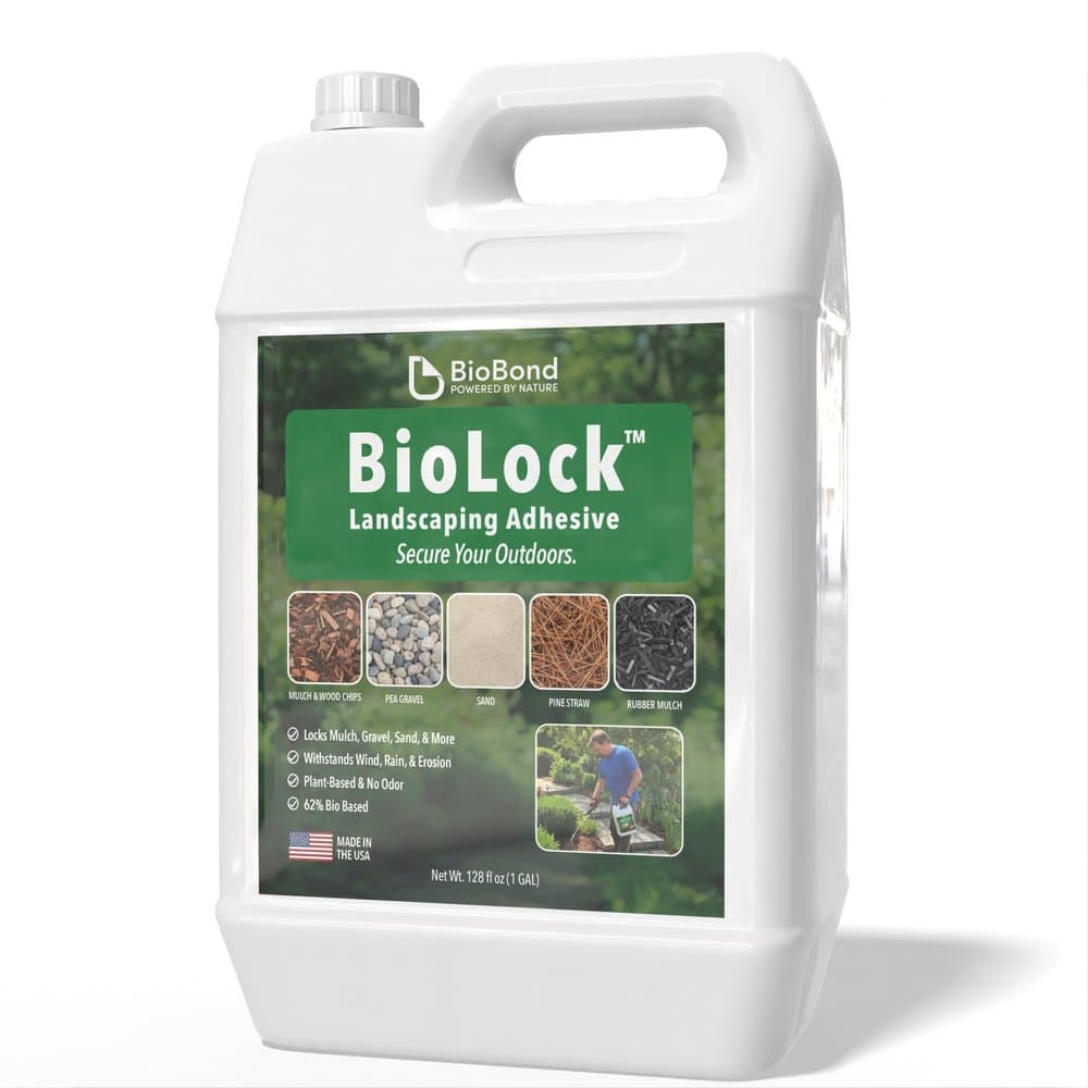 Front landscaping-adhesive label on a one-gallon container, using green landscape imagery, material examples, benefit statements, a bio-based percentage, and a United States manufacturing mark.
