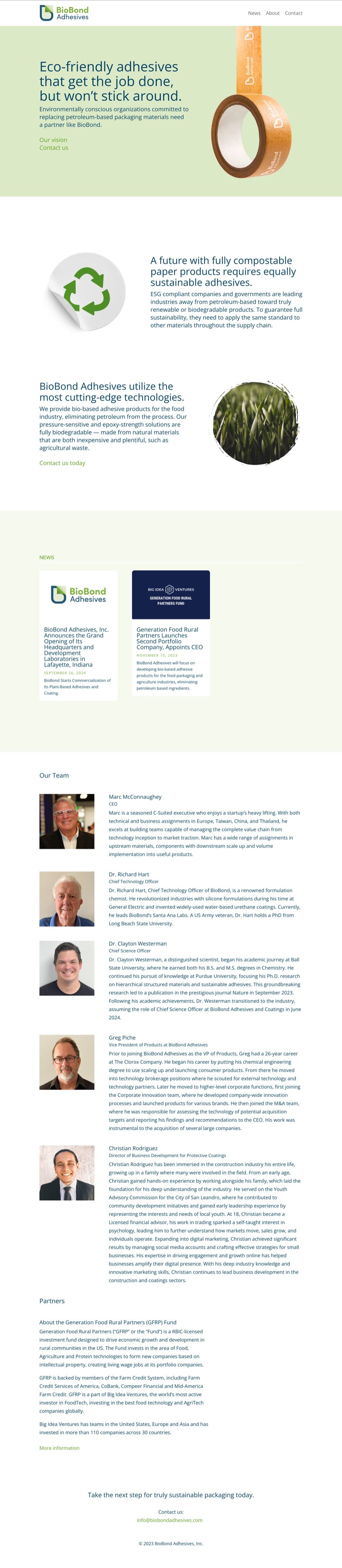 Archived startup homepage combining a product hero, sustainability information, news, team profiles, partner details, and contact information in one long page.