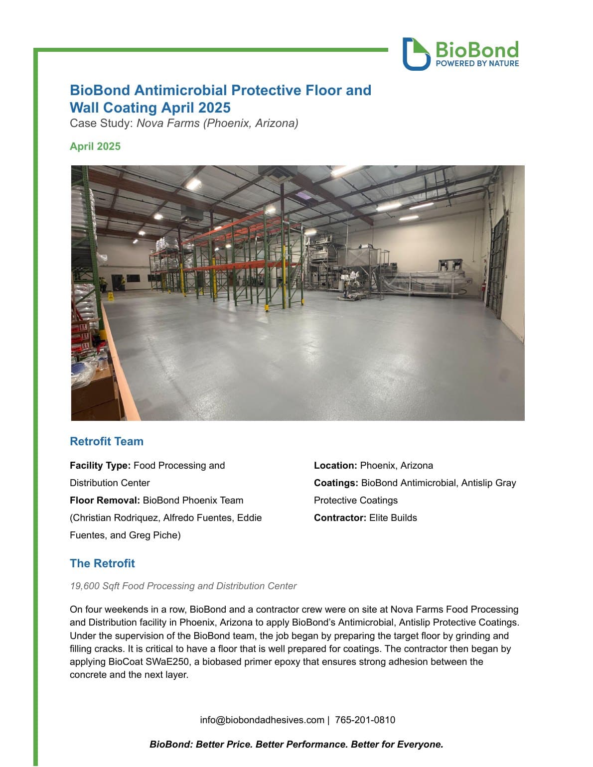 First page of a startup customer case study, combining a finished facility photograph with project facts, retrofit-team information, and an implementation overview.