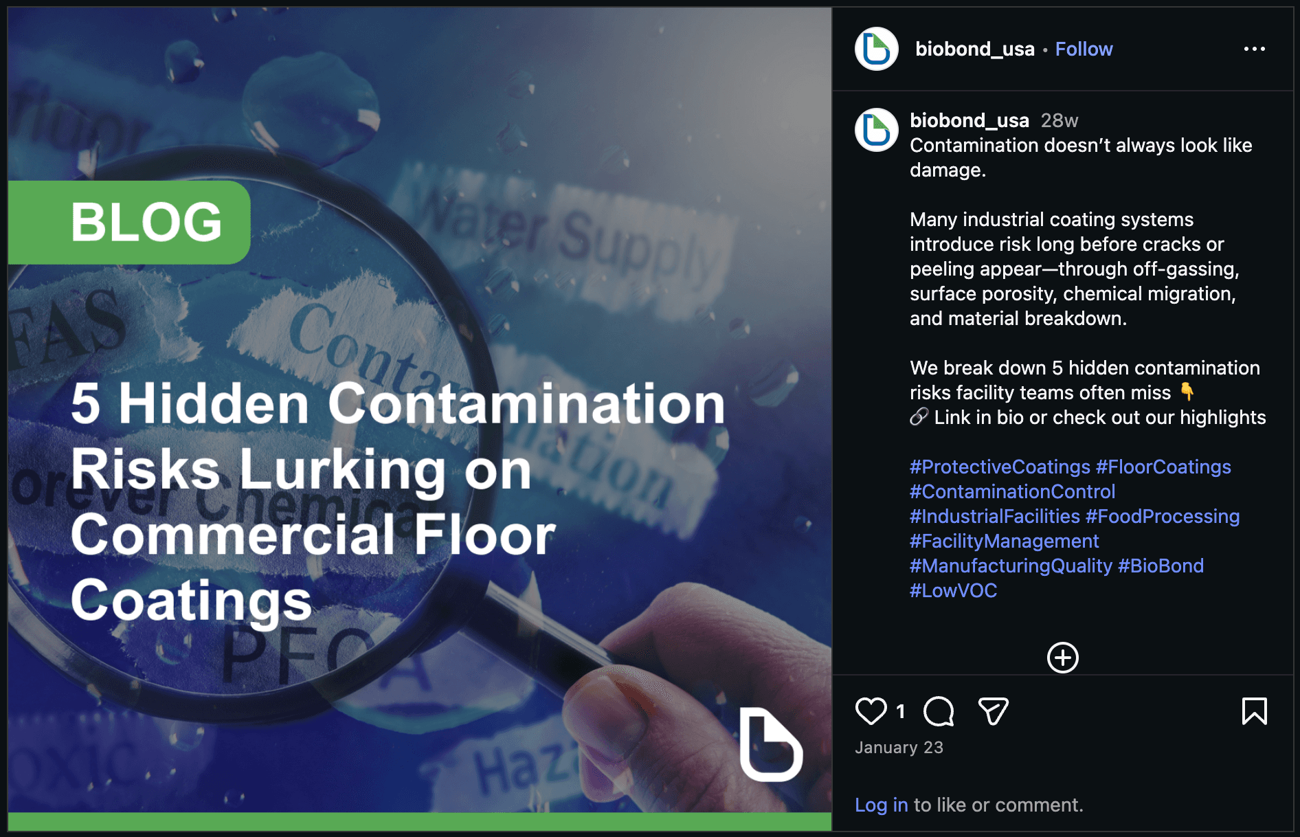 Published startup Instagram post promoting an article about five hidden contamination risks in commercial floor coatings, with a branded article graphic and an educational caption.
