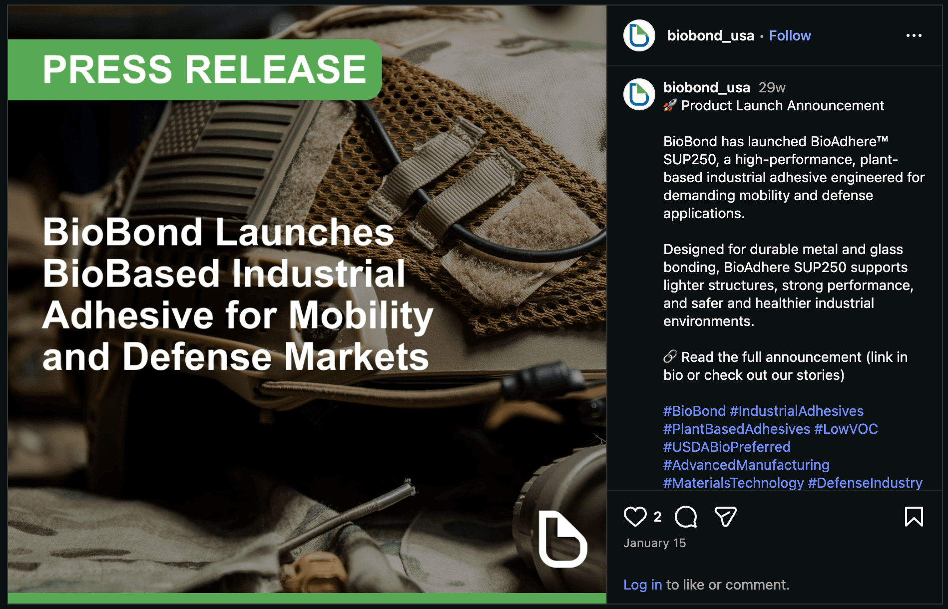 Published startup Instagram post announcing a biobased industrial adhesive for mobility and defense markets, with a branded press-release graphic and a caption explaining the product positioning.