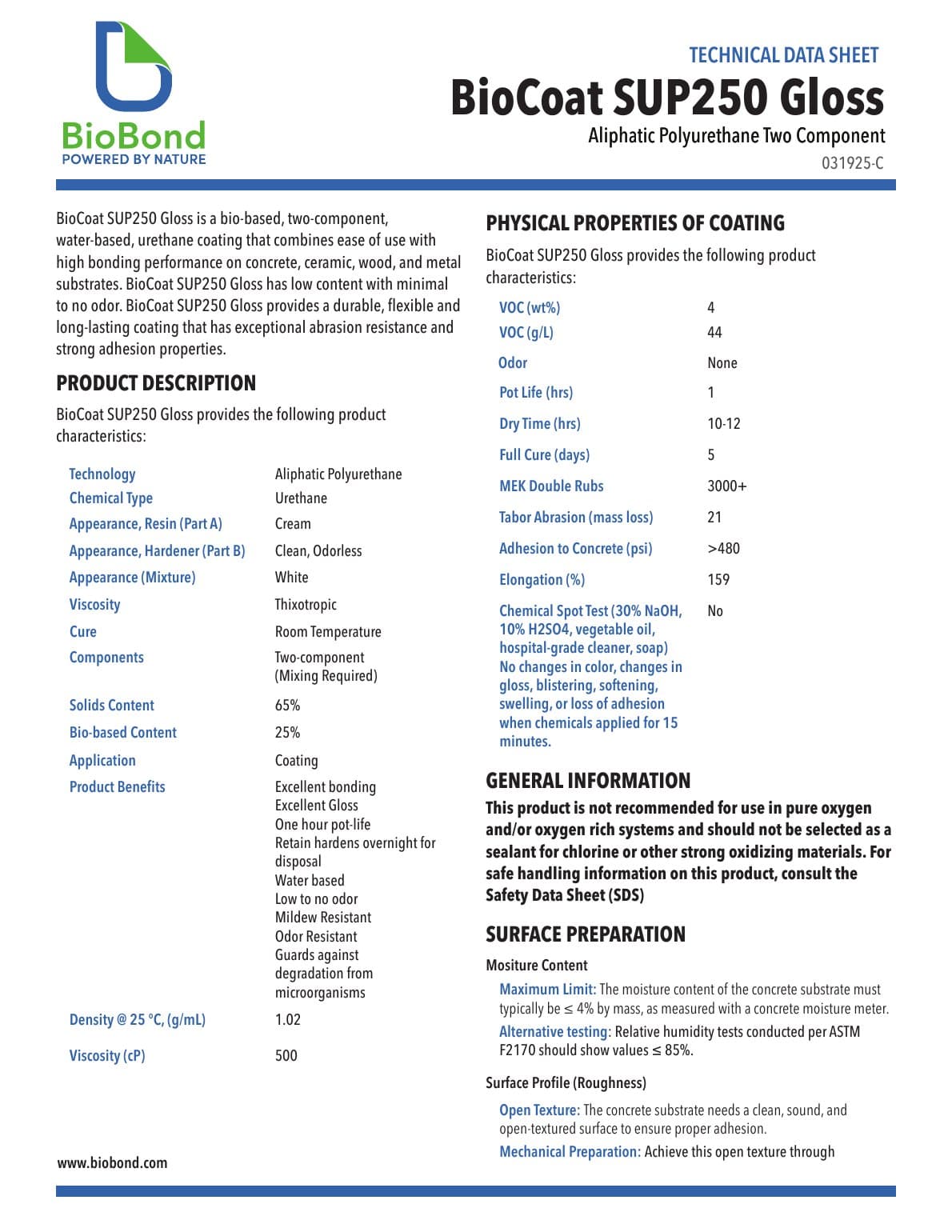 First page of a protective-coating technical data sheet, using a two-column layout for product description, physical properties, general information, and surface preparation.