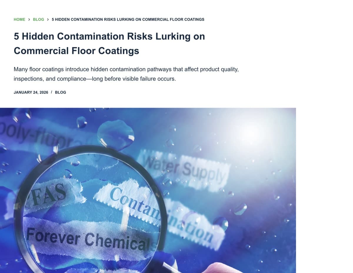 Commercial floor coating article introduction visualizing persistent contaminants to frame five operational and compliance risks.