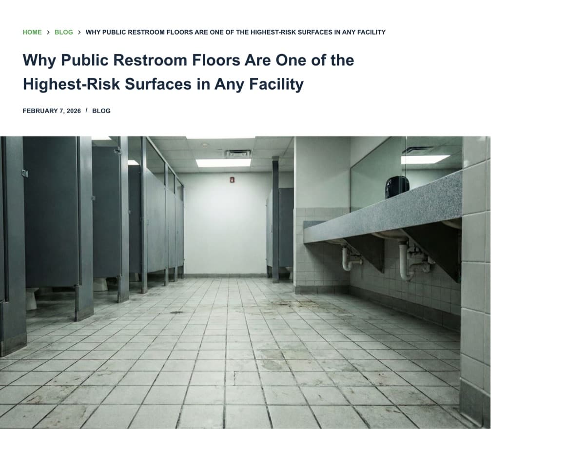 Public restroom flooring article introduction showing a worn commercial floor to frame hygiene, maintenance, and safety risks.