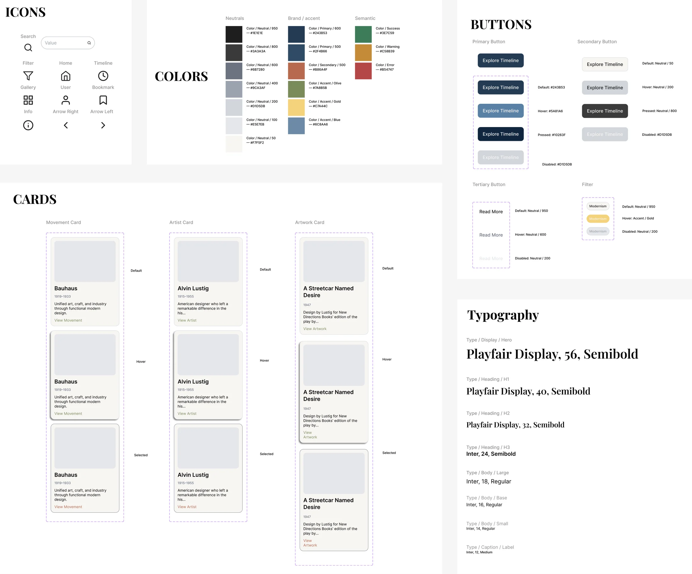 Figma component system showing icons, neutral and accent color tokens, button states, filter controls, type hierarchy, and reusable movement, artist, and artwork cards.