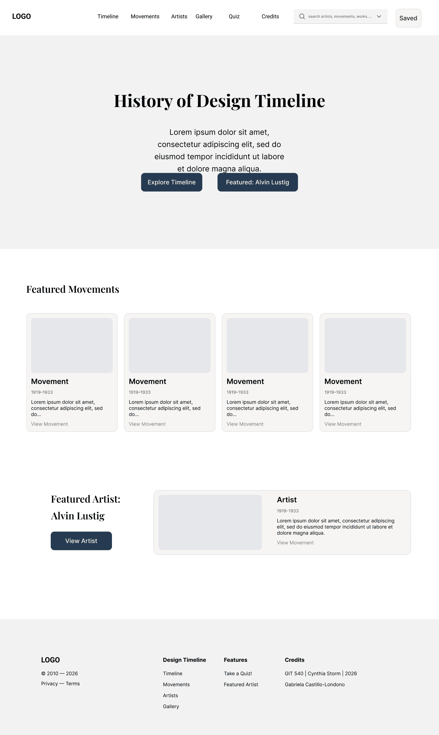 Mid-fidelity home page for the Interactive Design History Timeline, with an introductory hero, movement cards, and a featured Alvin Lustig area.