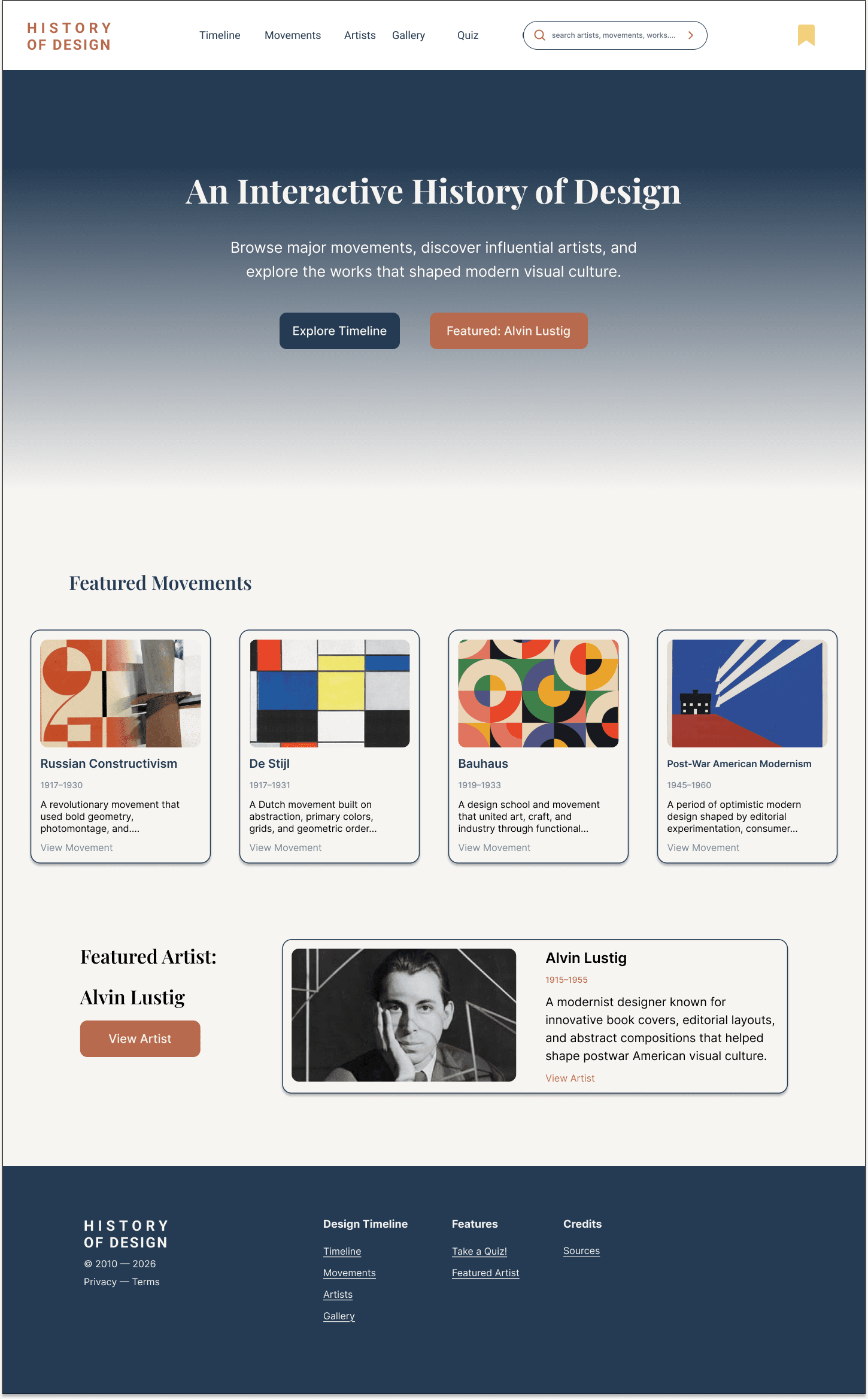 High-fidelity home page with an editorial design history hero, featured movement cards, and a highlighted Alvin Lustig section.