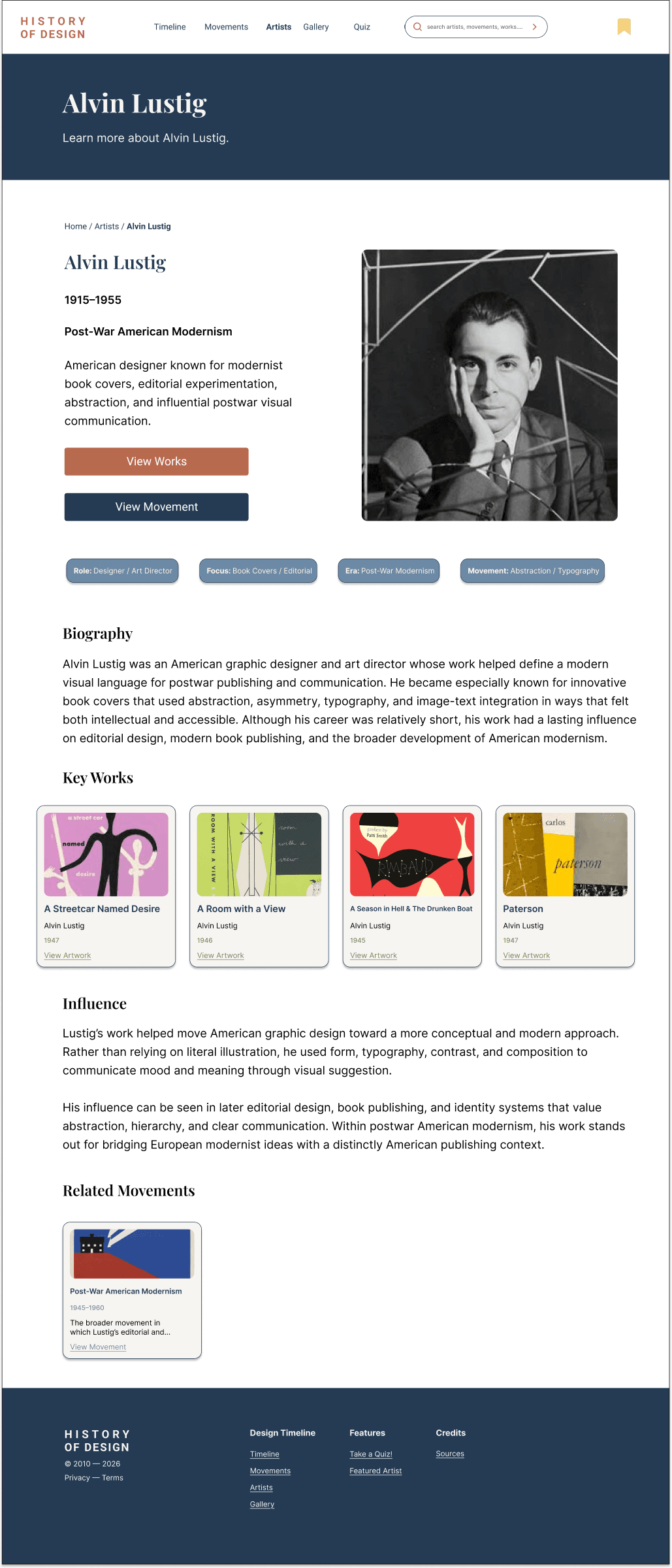 Final Alvin Lustig artist profile connecting biography, key works, and related design movements
