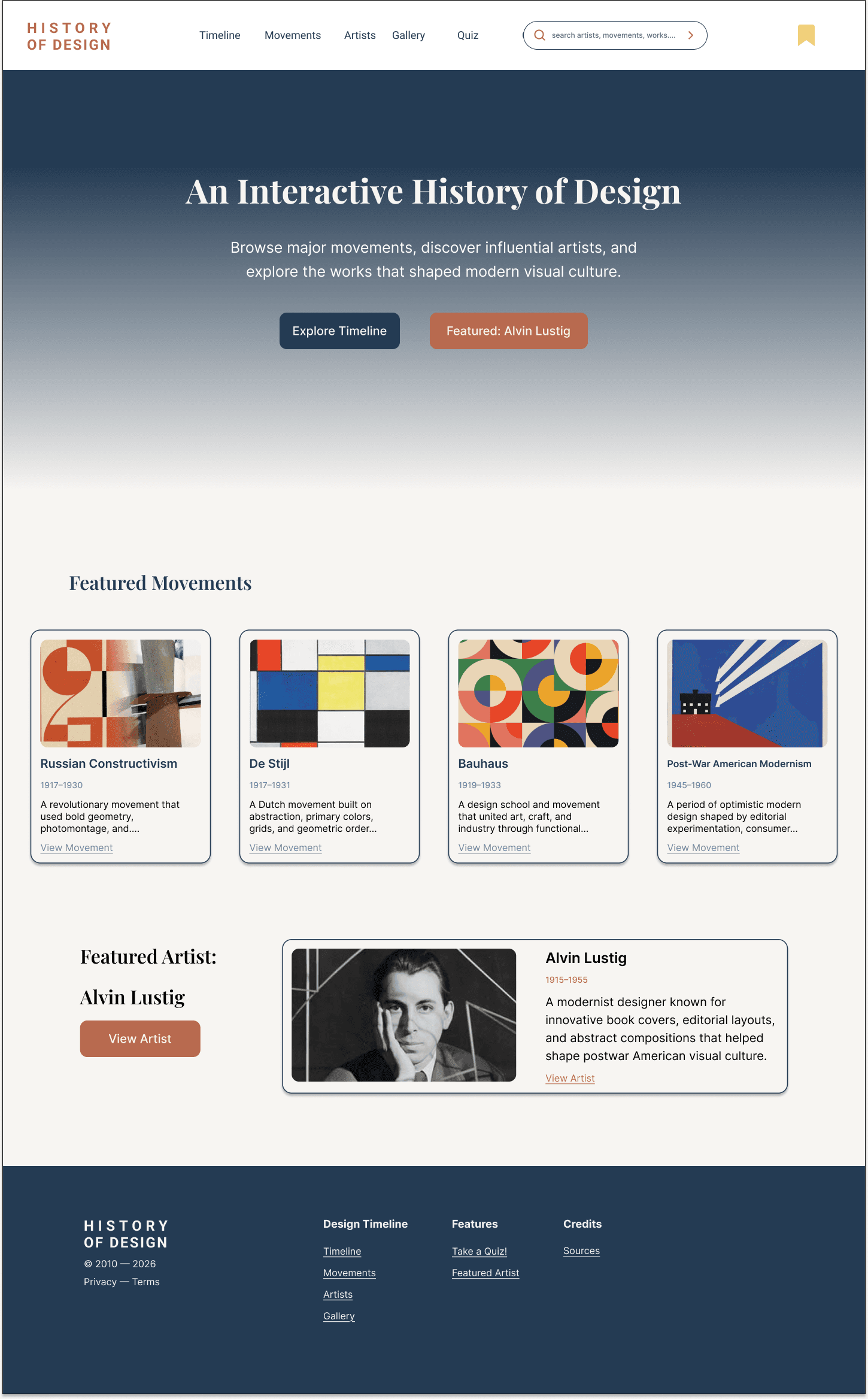 Interactive design history timeline homepage introducing movements, artists, and paths through the archive