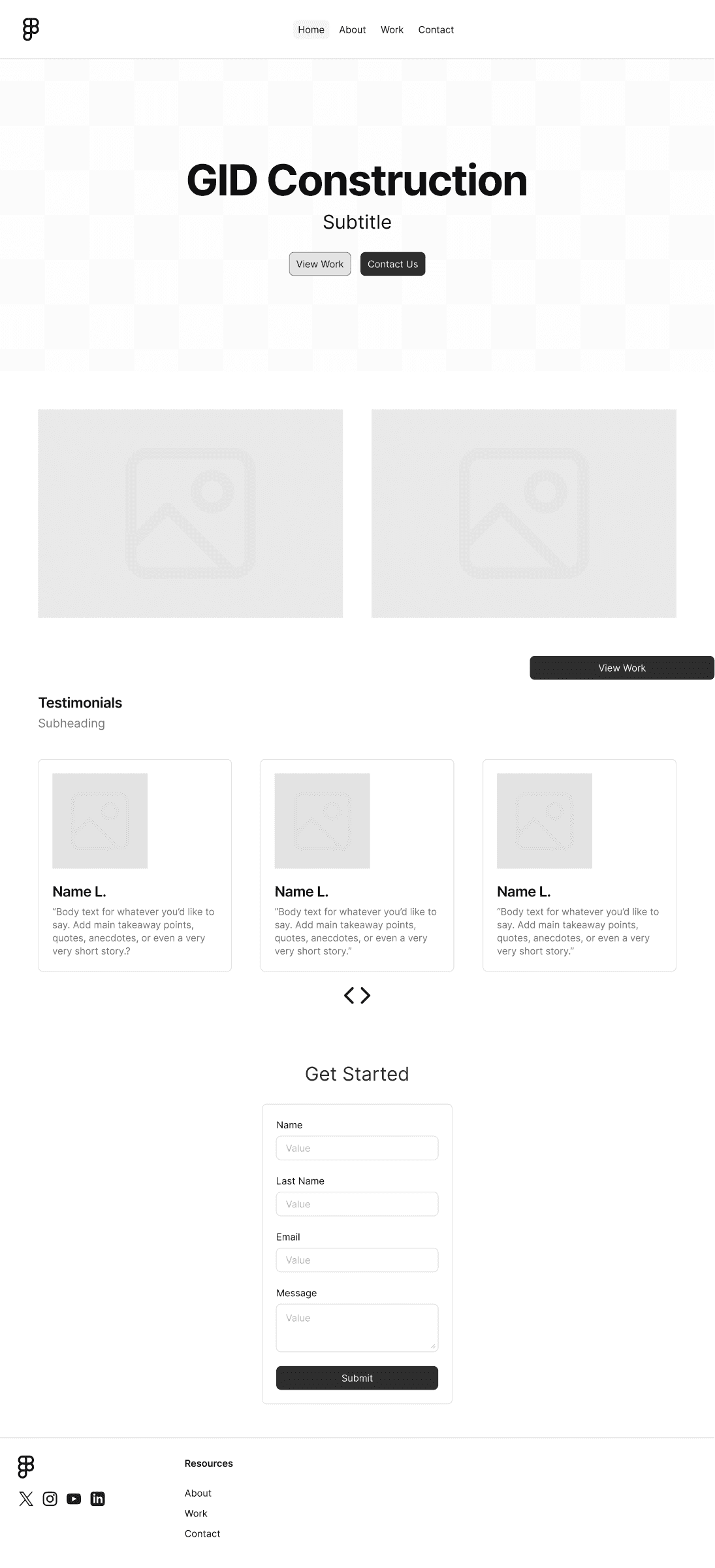 Low-fidelity GID Construction homepage showing navigation, a service-led hero, project content, trust sections, and contact flow.