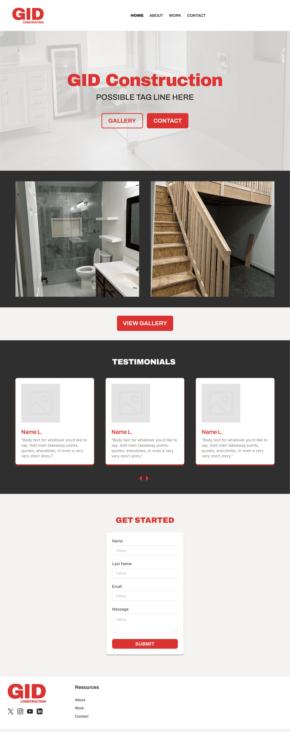 Mid-fidelity GID Construction homepage prototype presenting services, project imagery, and estimate calls to action