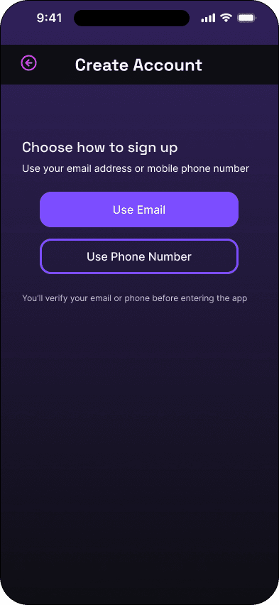 Choose a sign-up method interface in the Mood ticketing flow, demonstrating the high fidelity · 02 of 15 state.