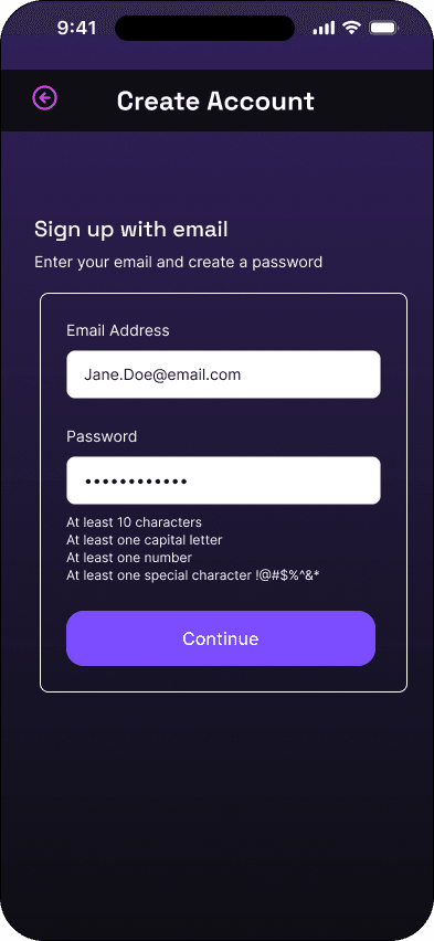 Email sign-up: completed state interface in the Mood ticketing flow, demonstrating the high fidelity · 04 of 15 state.