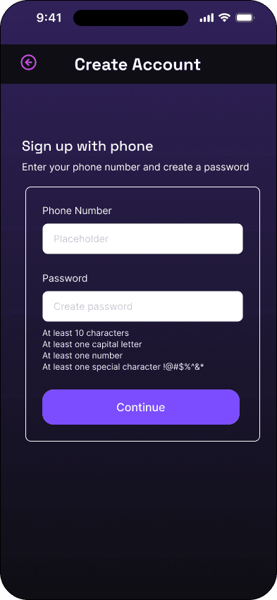 Phone sign-up: empty state interface in the Mood ticketing flow, demonstrating the high fidelity · 05 of 15 state.