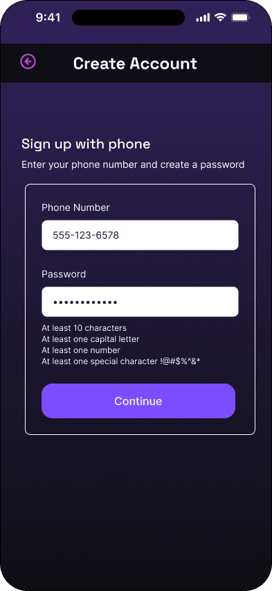 Phone sign-up: completed state interface in the Mood ticketing flow, demonstrating the high fidelity · 06 of 15 state.
