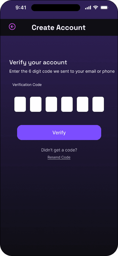 Verification code: initial state interface in the Mood ticketing flow, demonstrating the high fidelity · 07 of 15 state.