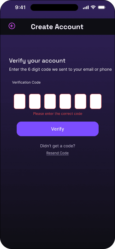 Verification code: validated state interface in the Mood ticketing flow, demonstrating the high fidelity · 09 of 15 state.