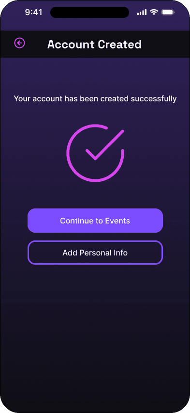 Account created interface in the Mood ticketing flow, demonstrating the high fidelity · 10 of 15 state.