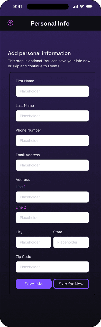 Personal information: empty state interface in the Mood ticketing flow, demonstrating the high fidelity · 11 of 15 state.