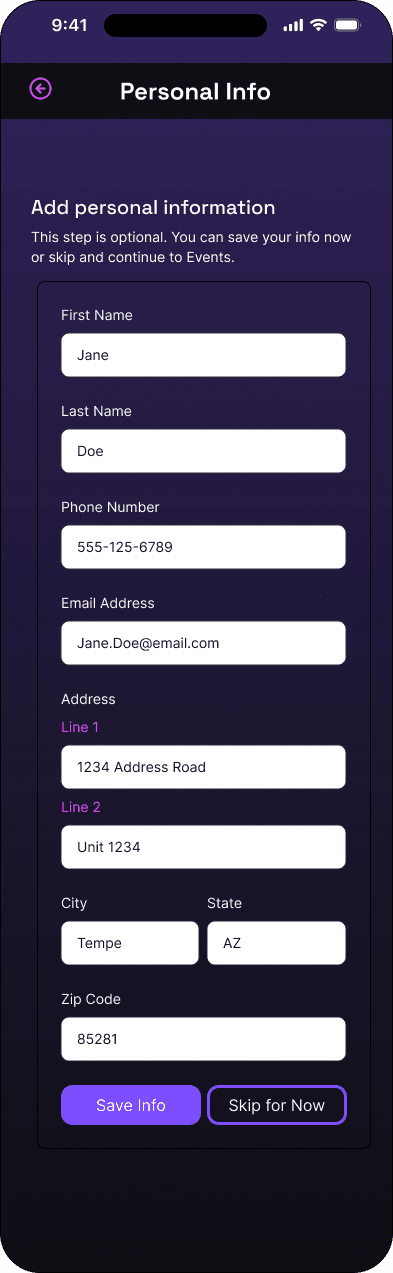 Personal information: completed state interface in the Mood ticketing flow, demonstrating the high fidelity · 12 of 15 state.