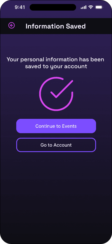 Personal information saved interface in the Mood ticketing flow, demonstrating the high fidelity · 13 of 15 state.
