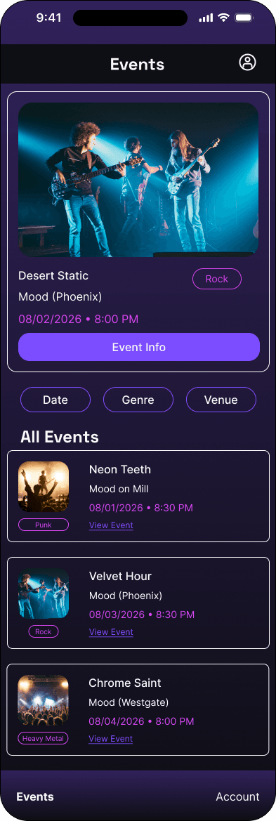 Main events interface in the Mood ticketing flow, demonstrating the high fidelity · 14 of 15 state.