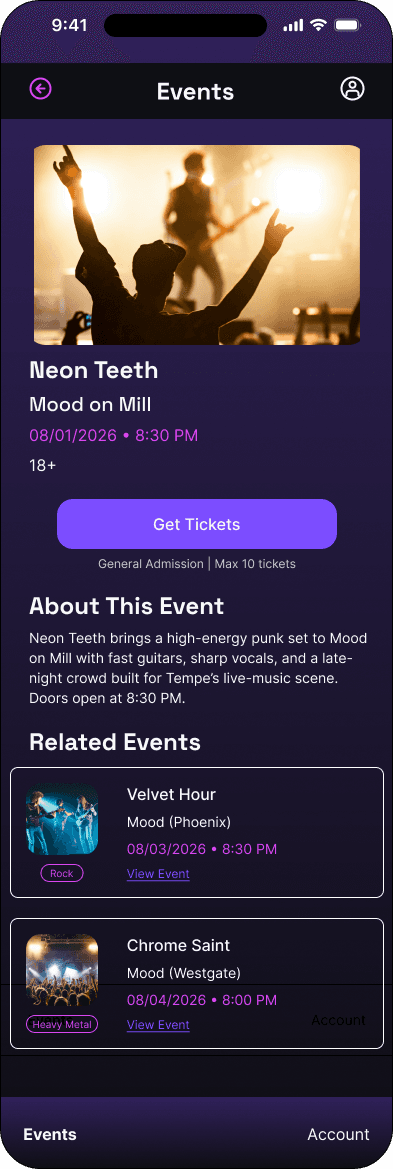 Individual event interface in the Mood ticketing flow, demonstrating the high fidelity · 15 of 15 state.
