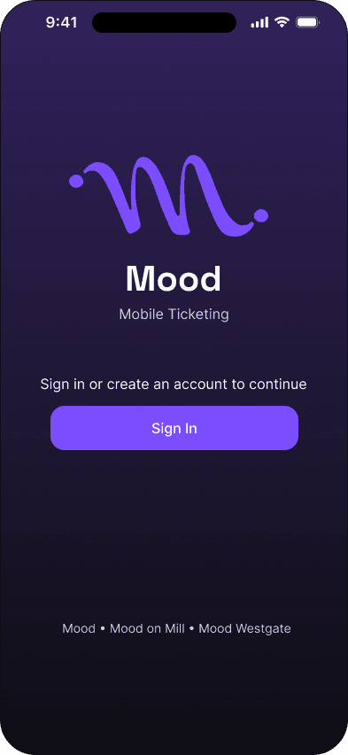 Cover interface in the Mood ticketing flow, demonstrating the high fidelity · 01 of 14 state.