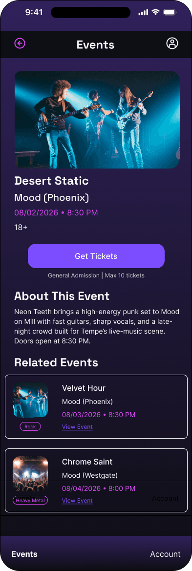 Final Mood event detail interface with ticket call to action, event information, and related events