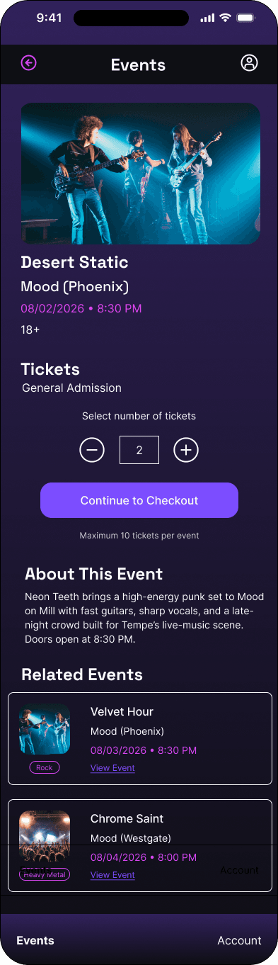 Quantity selection: updated state interface in the Mood ticketing flow, demonstrating the high fidelity · 07 of 14 state.