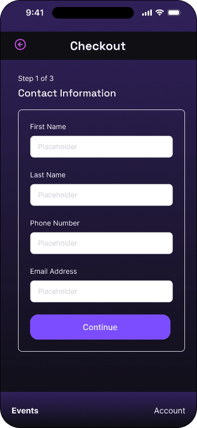 Contact information: empty state interface in the Mood ticketing flow, demonstrating the high fidelity · 08 of 14 state.