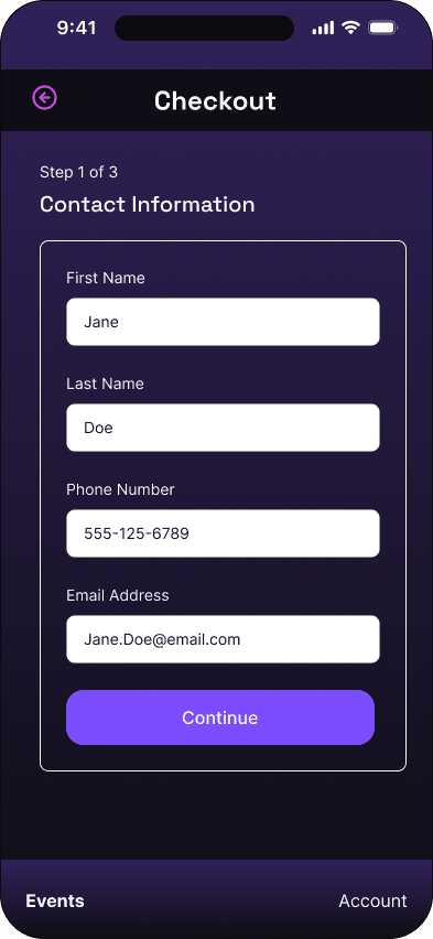 Contact information: completed state interface in the Mood ticketing flow, demonstrating the high fidelity · 09 of 14 state.