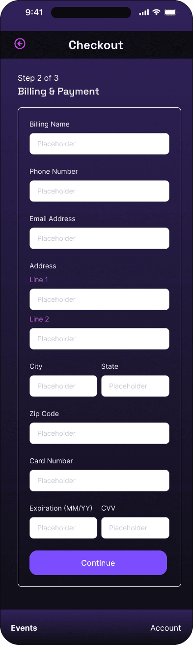 Billing and payment: empty state interface in the Mood ticketing flow, demonstrating the high fidelity · 10 of 14 state.