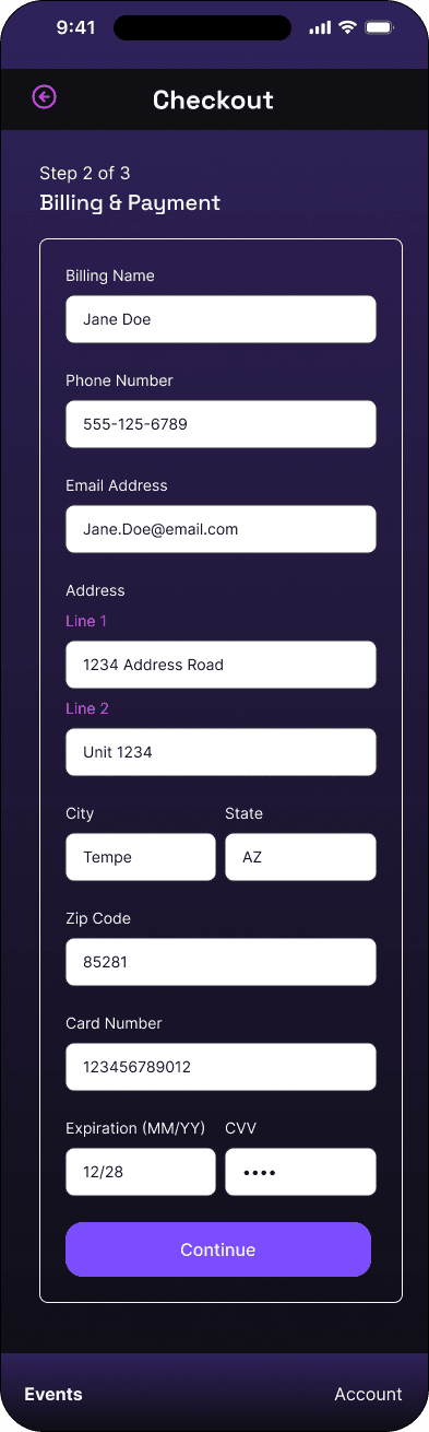 Billing and payment: completed state interface in the Mood ticketing flow, demonstrating the high fidelity · 11 of 14 state.