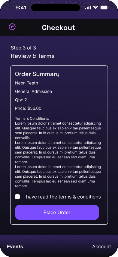 Review and terms: initial state interface in the Mood ticketing flow, demonstrating the high fidelity · highlight state.