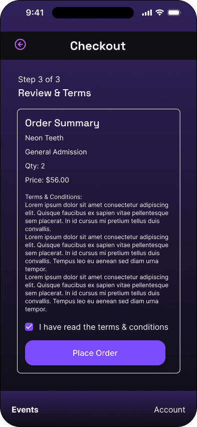 Review and terms: accepted state interface in the Mood ticketing flow, demonstrating the high fidelity · 13 of 14 state.
