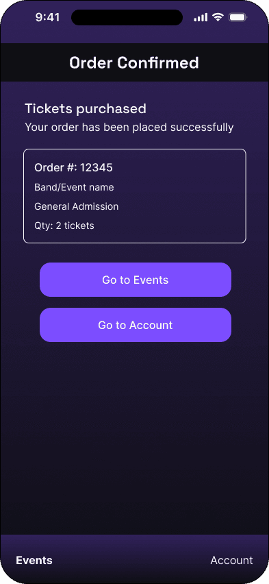 Purchase confirmation interface in the Mood ticketing flow, demonstrating the high fidelity · 14 of 14 state.