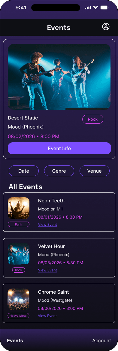Main events: default state interface in the Mood ticketing flow, demonstrating the high fidelity · 01 of 7 state.