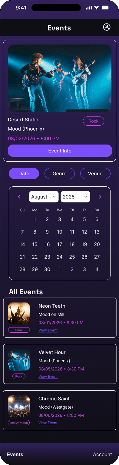 Calendar filter: opening state interface in the Mood ticketing flow, demonstrating the high fidelity · 02 of 7 state.