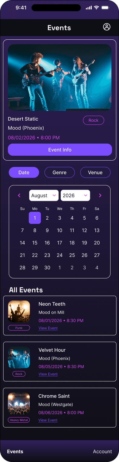Calendar filter: date selection interface in the Mood ticketing flow, demonstrating the high fidelity · 03 of 7 state.