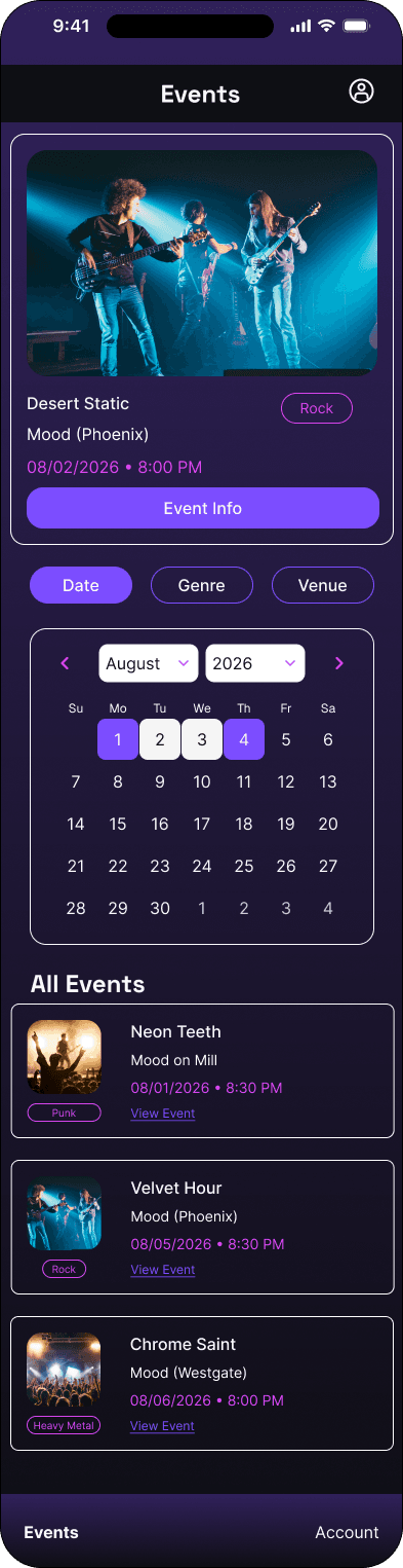 Calendar filter: selected date interface in the Mood ticketing flow, demonstrating the high fidelity · 04 of 7 state.