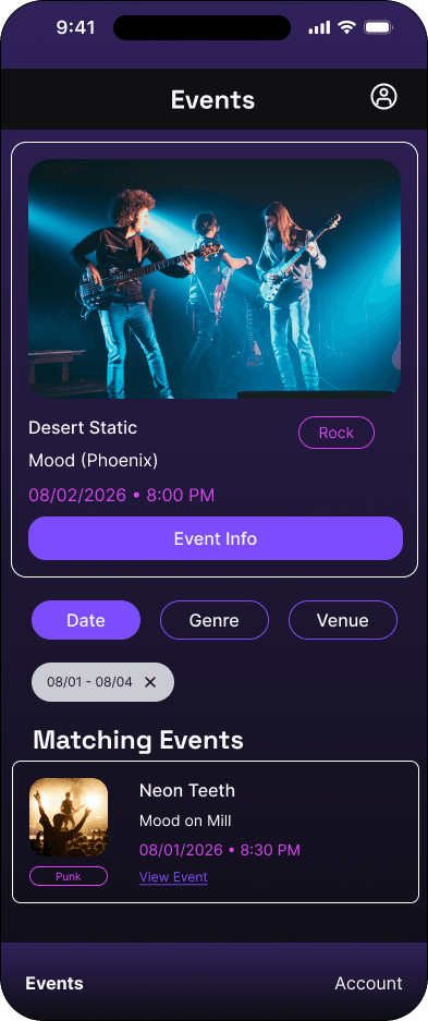 Filtered event results interface in the Mood ticketing flow, demonstrating the high fidelity · highlight state.