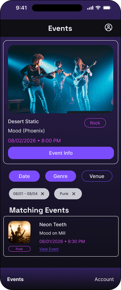 Main events: results state interface in the Mood ticketing flow, demonstrating the high fidelity · 06 of 7 state.