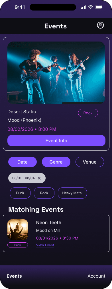 Genre filter interface in the Mood ticketing flow, demonstrating the high fidelity · 07 of 7 state.