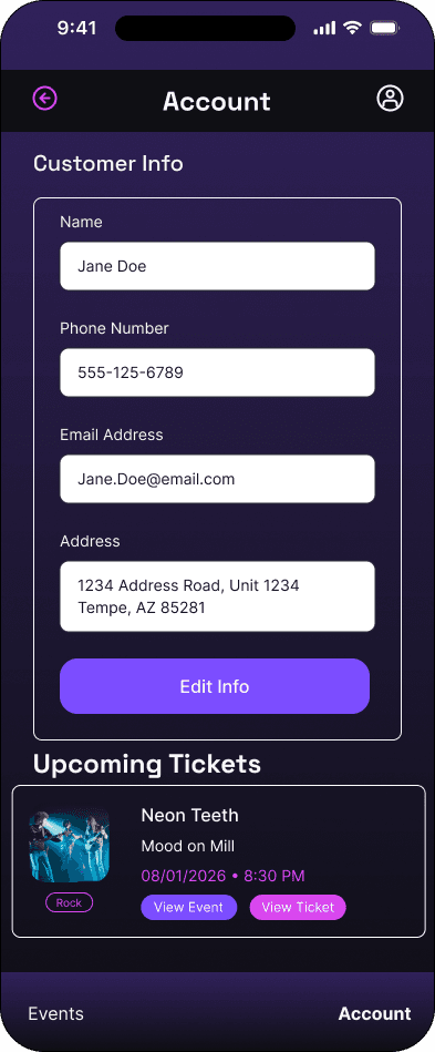 Account interface in the Mood ticketing flow, demonstrating the high fidelity · highlight state.