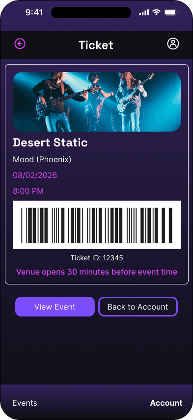 Final Mood virtual ticket interface with event details, barcode, venue timing, and account navigation