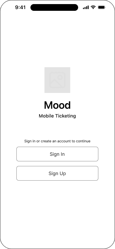 Cover interface in the Mood ticketing flow, demonstrating the mid fidelity · 01 of 26 state.