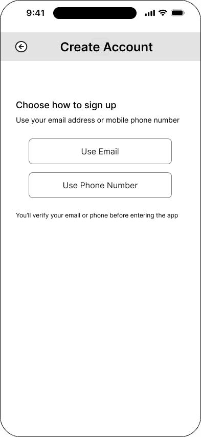 Choose a sign-up method interface in the Mood ticketing flow, demonstrating the mid fidelity · 02 of 26 state.