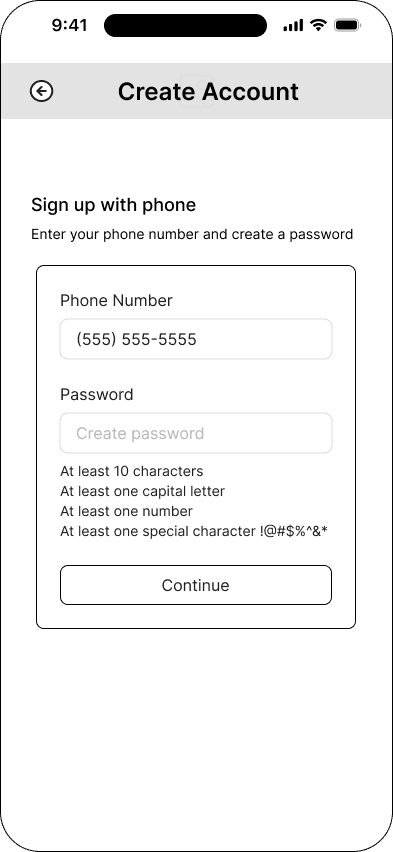 Phone sign-up interface in the Mood ticketing flow, demonstrating the mid fidelity · 04 of 26 state.